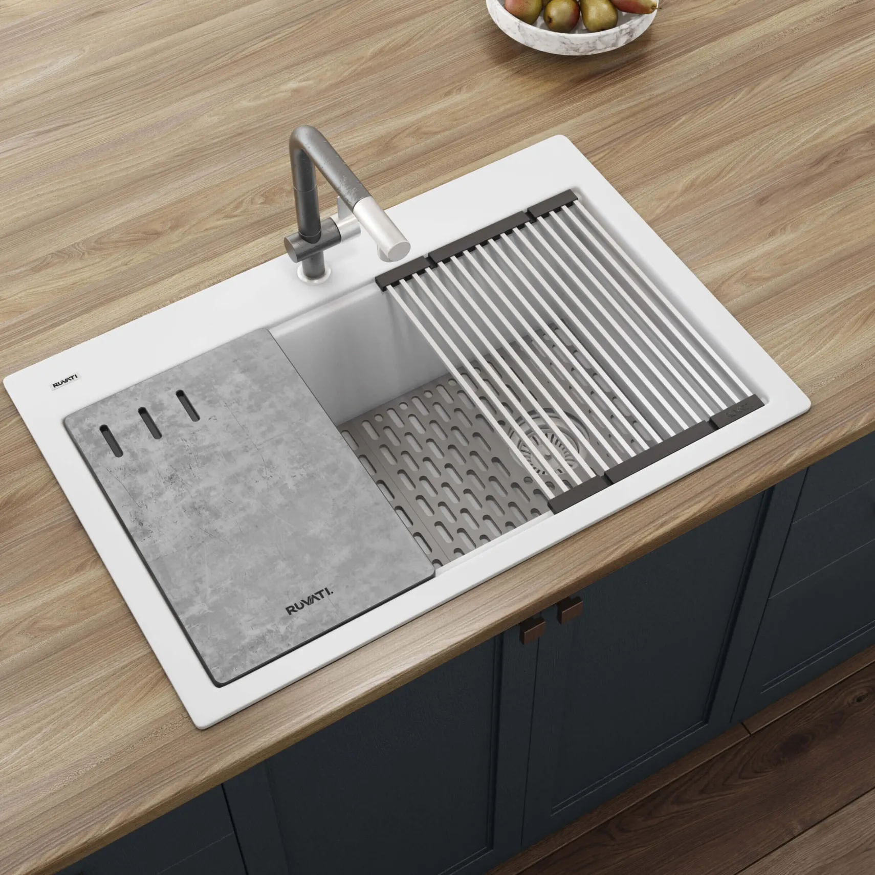 Ruvati epiStage 33" Drop-in Topmount Granite Composite Workstation Kitchen Sink, Arctic White, RVG1302WH