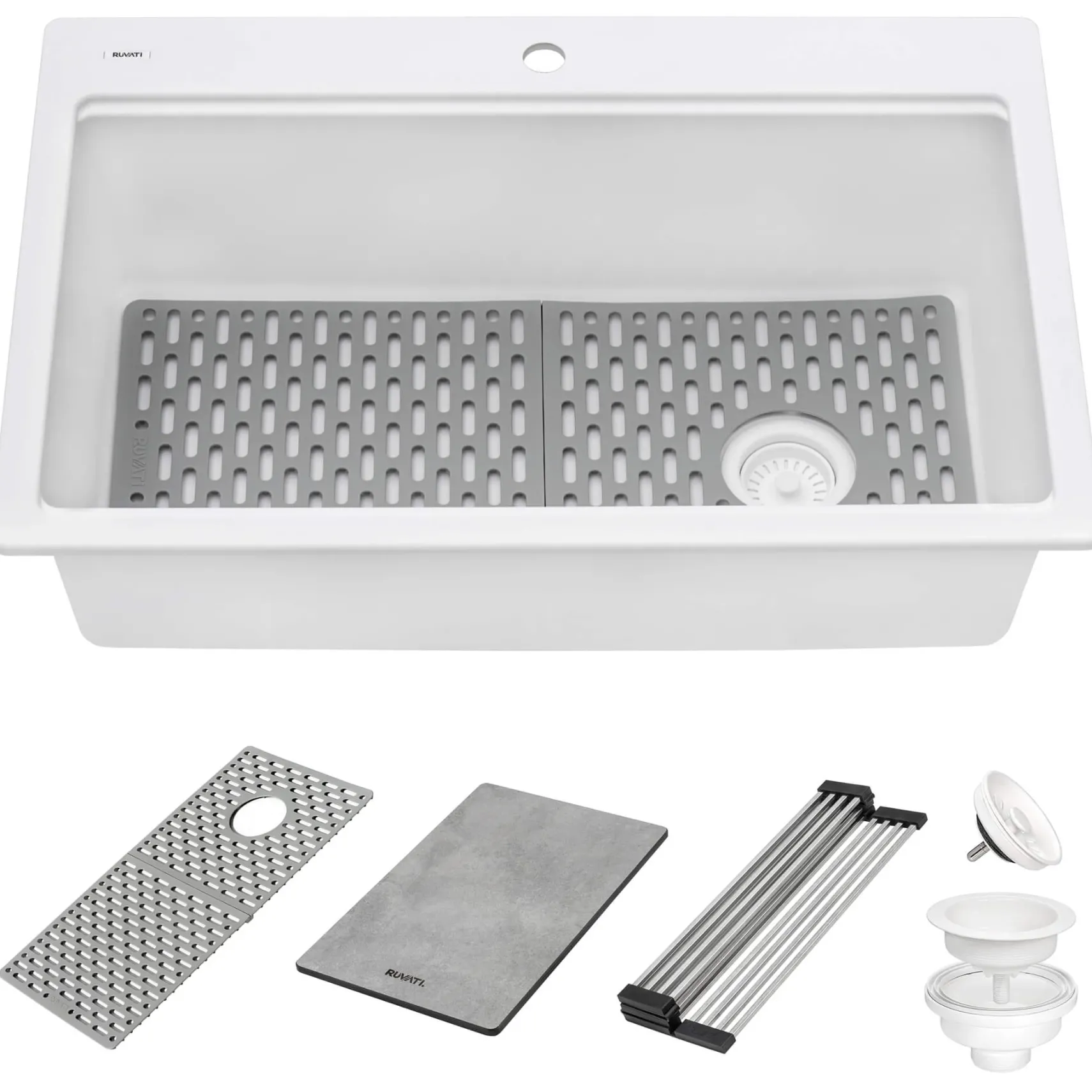 Ruvati epiStage 33" Drop-in Topmount Granite Composite Workstation Kitchen Sink, Arctic White, RVG1302WH