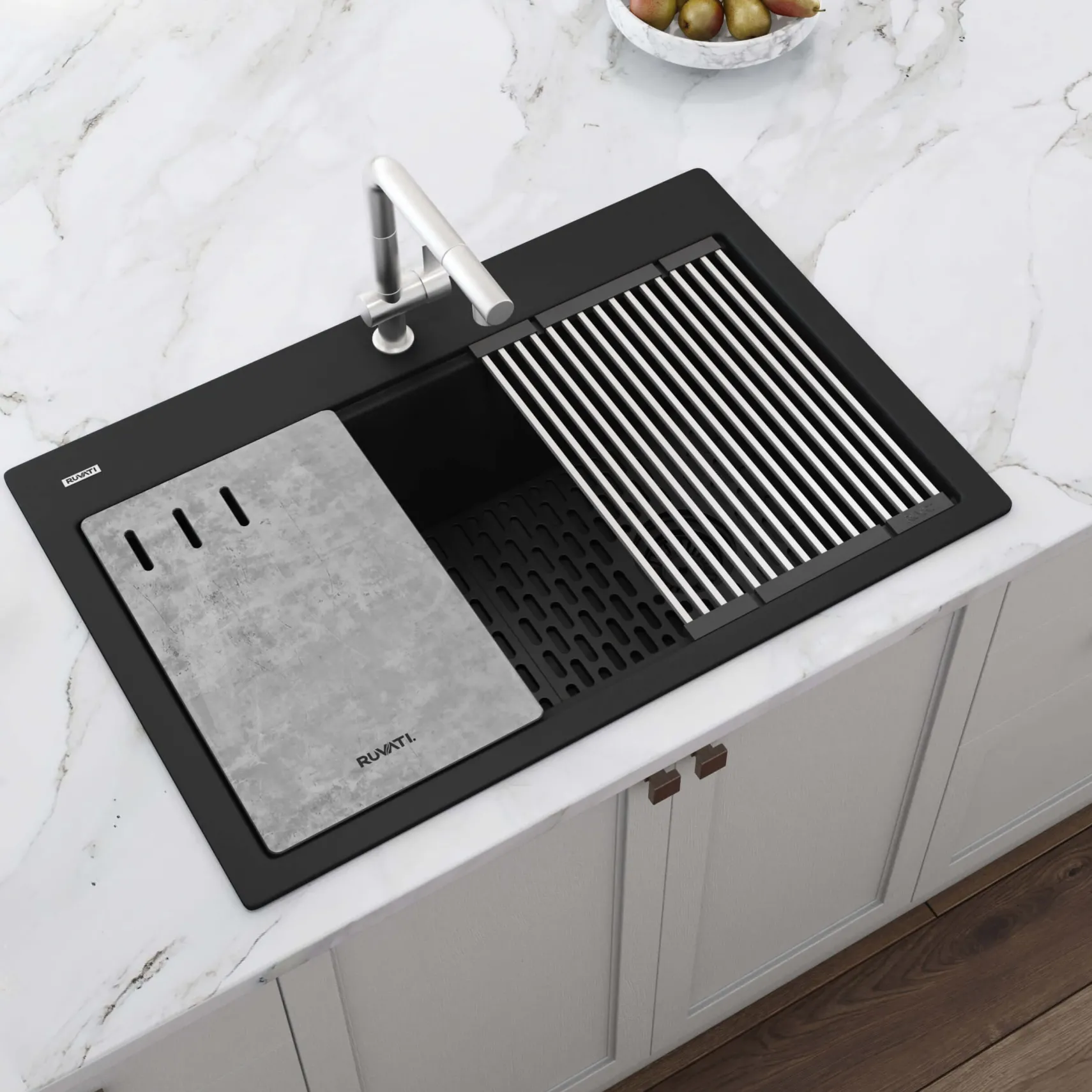 Ruvati epiStage 33" Drop-in Topmount Granite Composite Workstation Kitchen Sink, Midnight Black, RVG1302BK