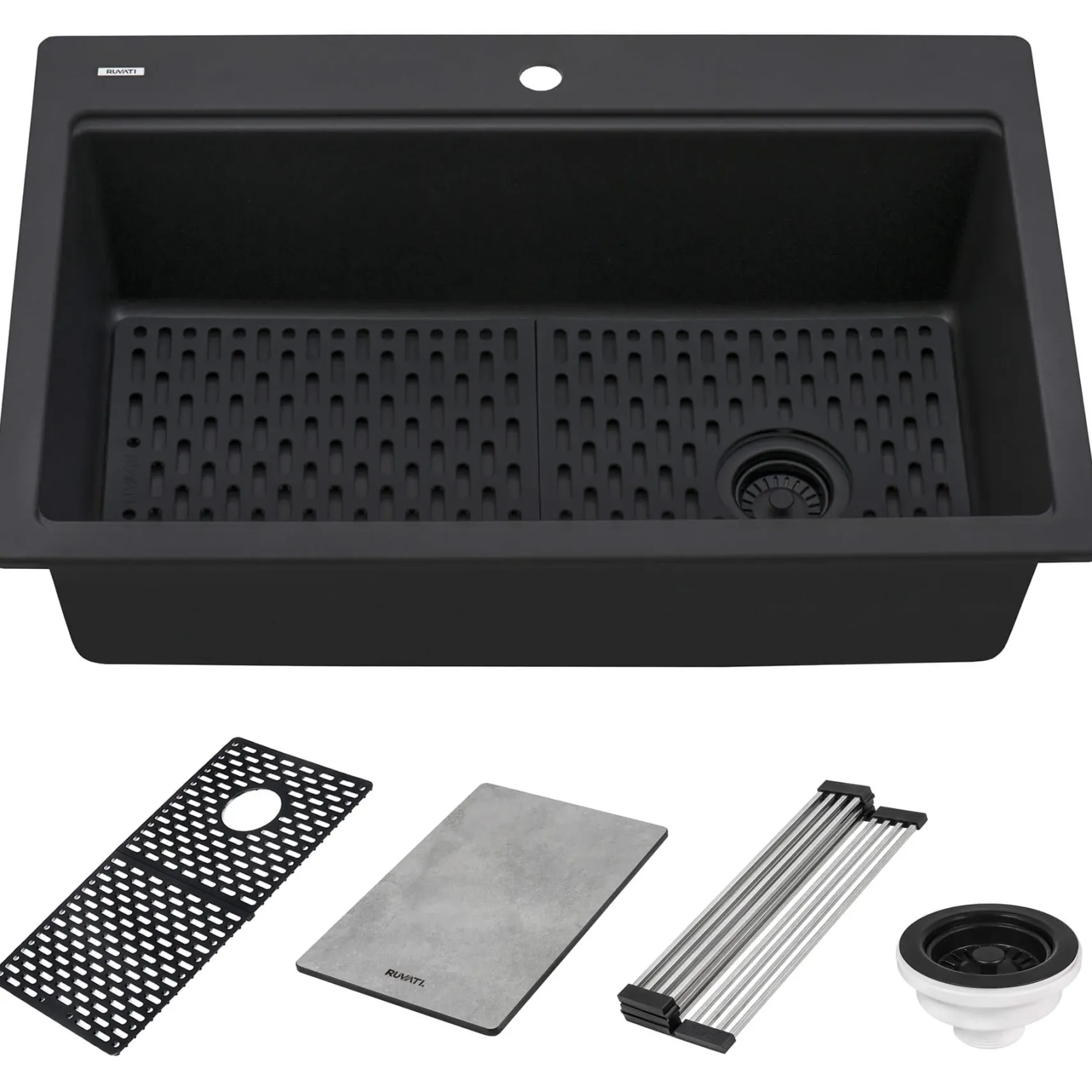 Ruvati epiStage 33" Drop-in Topmount Granite Composite Workstation Kitchen Sink, Midnight Black, RVG1302BK