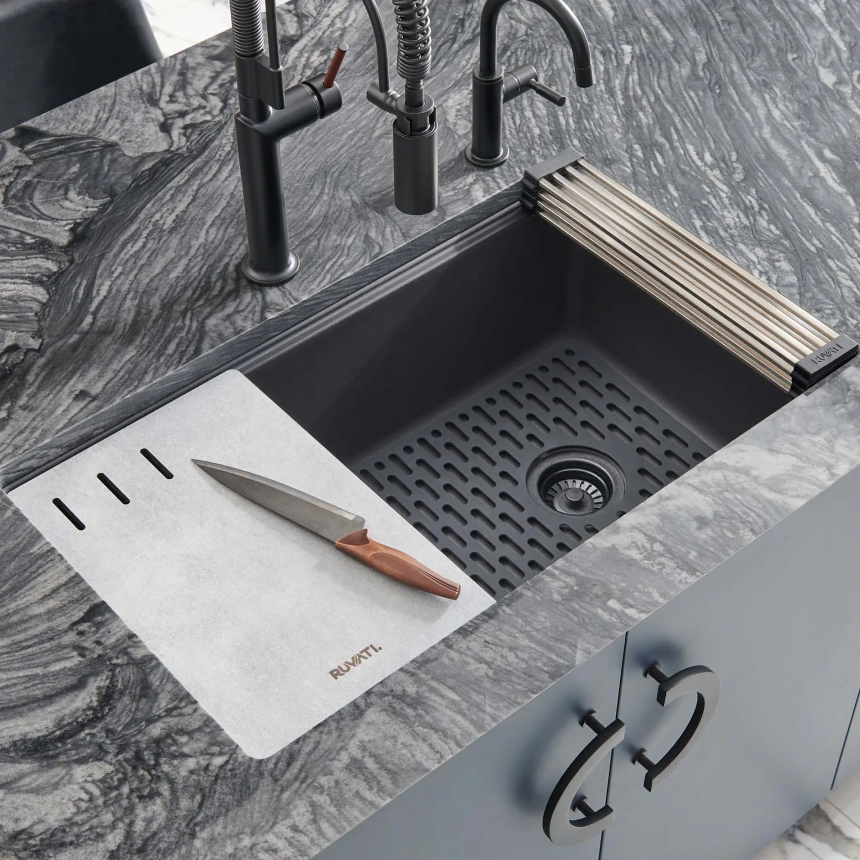 Ruvati epiStage 33" Undermount Granite Composite Workstation Kitchen Sink, Midnight Black, RVG2302BK