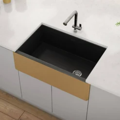 Ruvati Fiamma 30" Fireclay Farmhouse Sink, Matte Black and Brushed Gold, RVL4018GRG