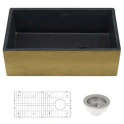 Ruvati Fiamma 30" Fireclay Farmhouse Sink, Matte Black and Brushed Gold, RVL4018GRG