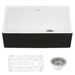 Ruvati Fiamma 30" Fireclay Offset Drain Farmhouse Sink, Black and White, RVL4018RBW
