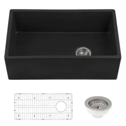 Ruvati Fiamma 30" Fireclay Offset Drain Farmhouse Sink, Matte Black, RVL4018MBK