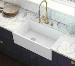 Ruvati Fiamma 30" Fireclay Offset Drain Farmhouse Sink, White, Left Drain, RVL2018WL