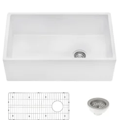 Ruvati Fiamma 30" Fireclay Offset Drain Farmhouse Sink, White, Right Drain, RVL2018WR