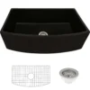 Ruvati Fiamma 33 inch Fireclay Black Farmhouse Kitchen Sink Bow Front Curved Apron Single Bowl, Glossy Black, RVL2398BK
