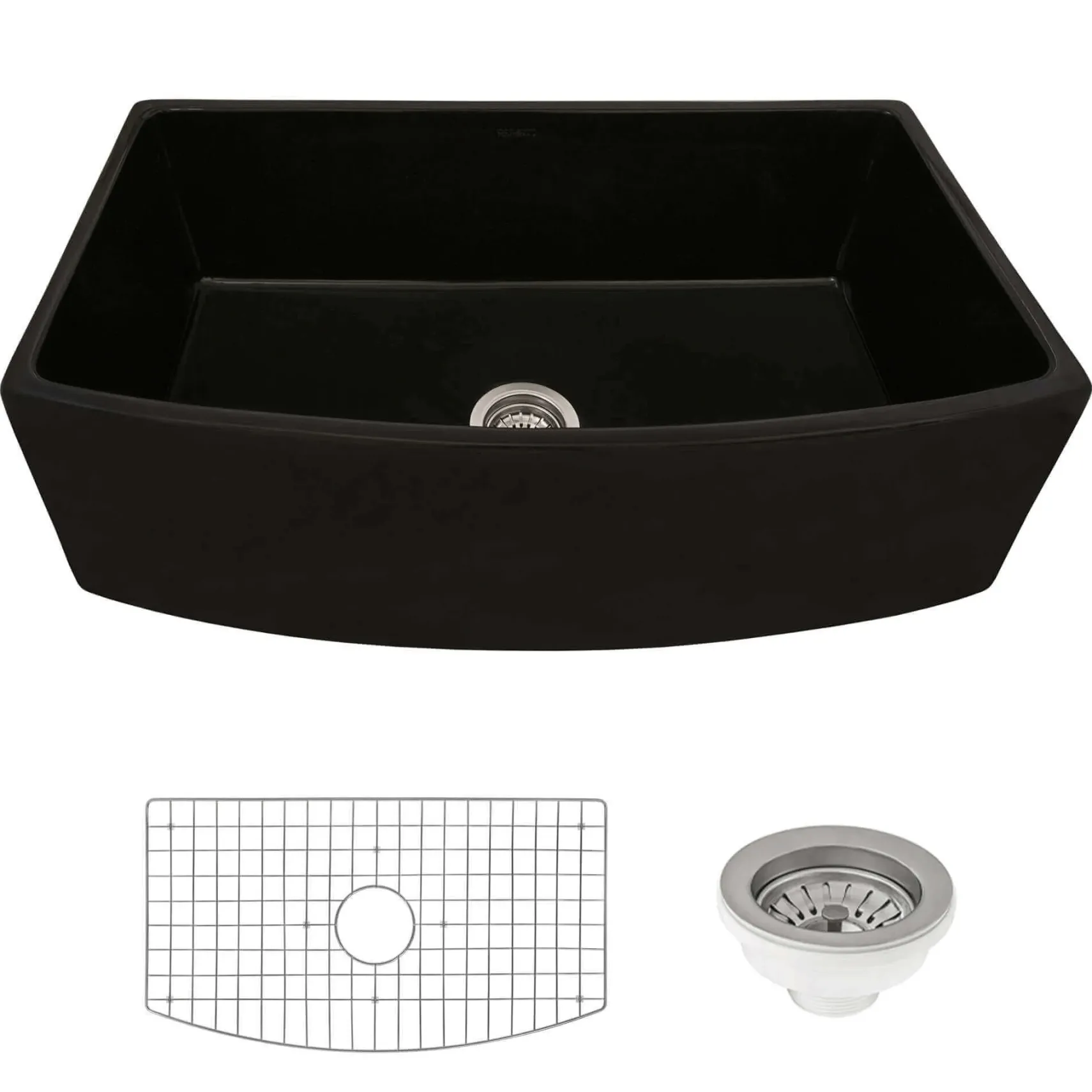 Ruvati Fiamma 33 inch Fireclay Black Farmhouse Kitchen Sink Bow Front Curved Apron Single Bowl, Glossy Black, RVL2398BK