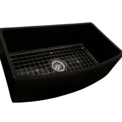 Ruvati Fiamma 33 inch Fireclay Black Farmhouse Kitchen Sink Bow Front Curved Apron Single Bowl, Glossy Black, RVL2398BK