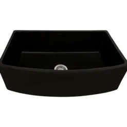 Ruvati Fiamma 33 inch Fireclay Black Farmhouse Kitchen Sink Bow Front Curved Apron Single Bowl, Glossy Black, RVL2398BK