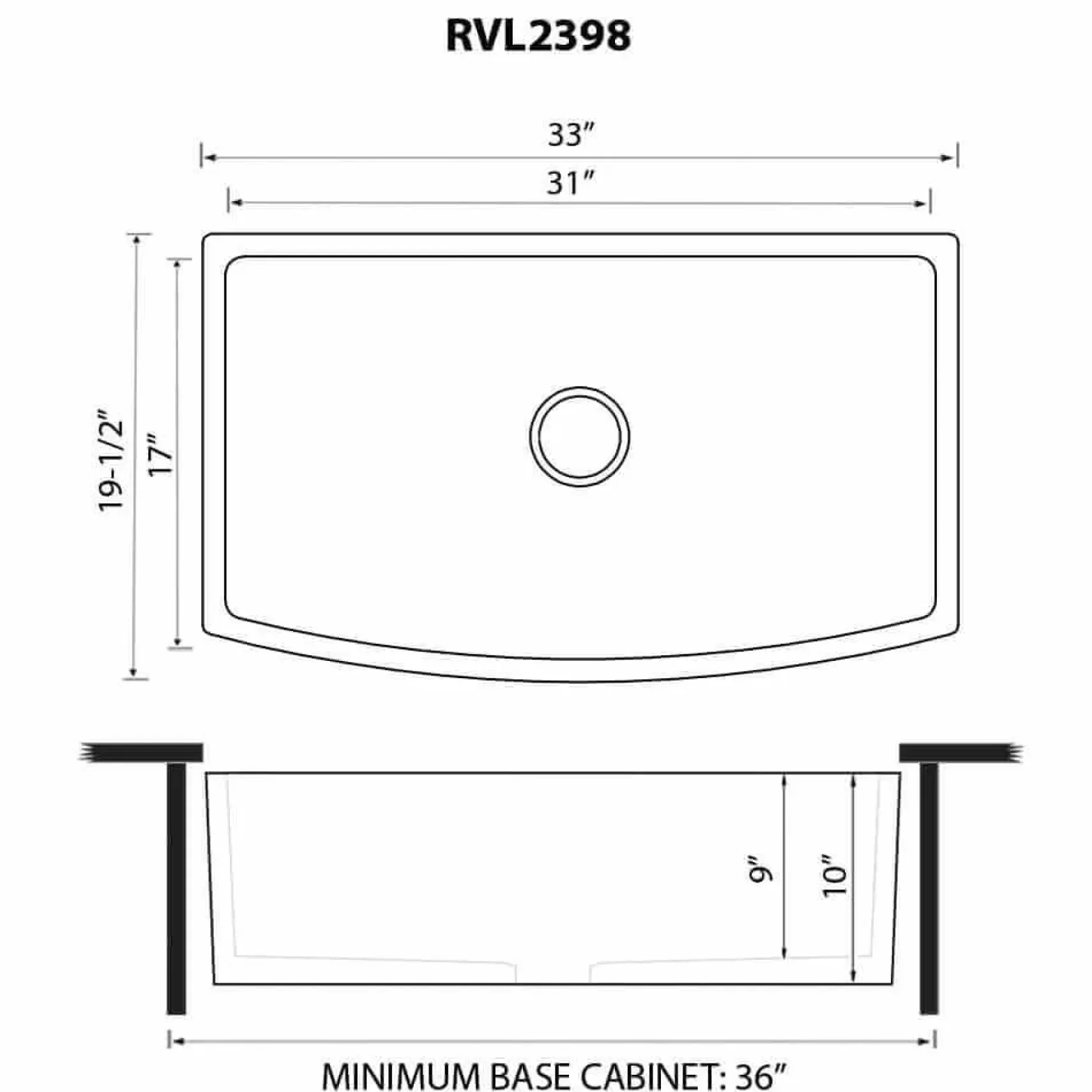 Ruvati Fiamma 33 inch Fireclay Black Farmhouse Kitchen Sink Bow Front Curved Apron Single Bowl, Glossy Black, RVL2398BK