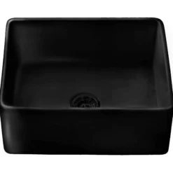 Ruvati Fiamma 23-inch Fireclay Farmhouse Kitchen Laundry Utility Sink Single Bowl, Glossy Black- RVL2468BK