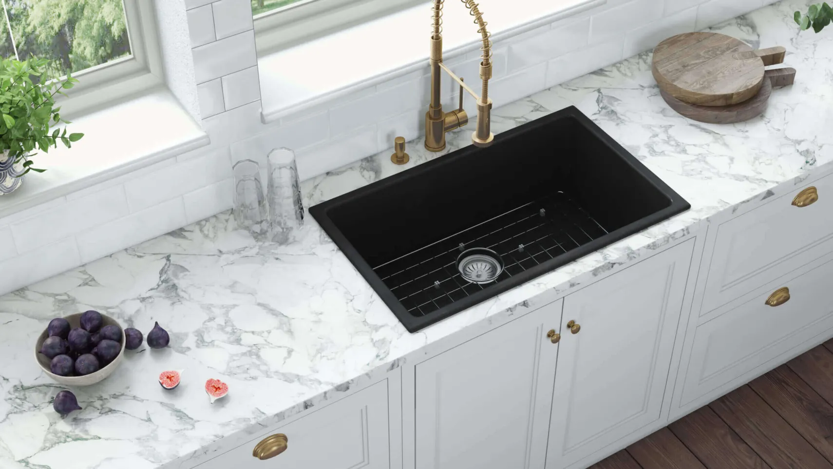 Ruvati Fiamma 30-inch Fireclay Undermount / Drop-in Topmount Kitchen Sink Single Bowl, Glossy Black, RVL3030BK