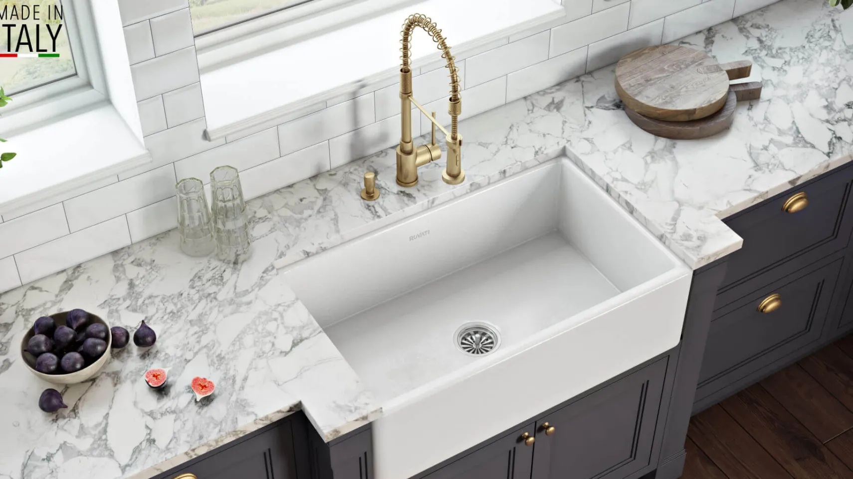Ruvati Fiamma 30" Reversible Fireclay Apron-front Farmhouse Sink, White, RVL2100WH
