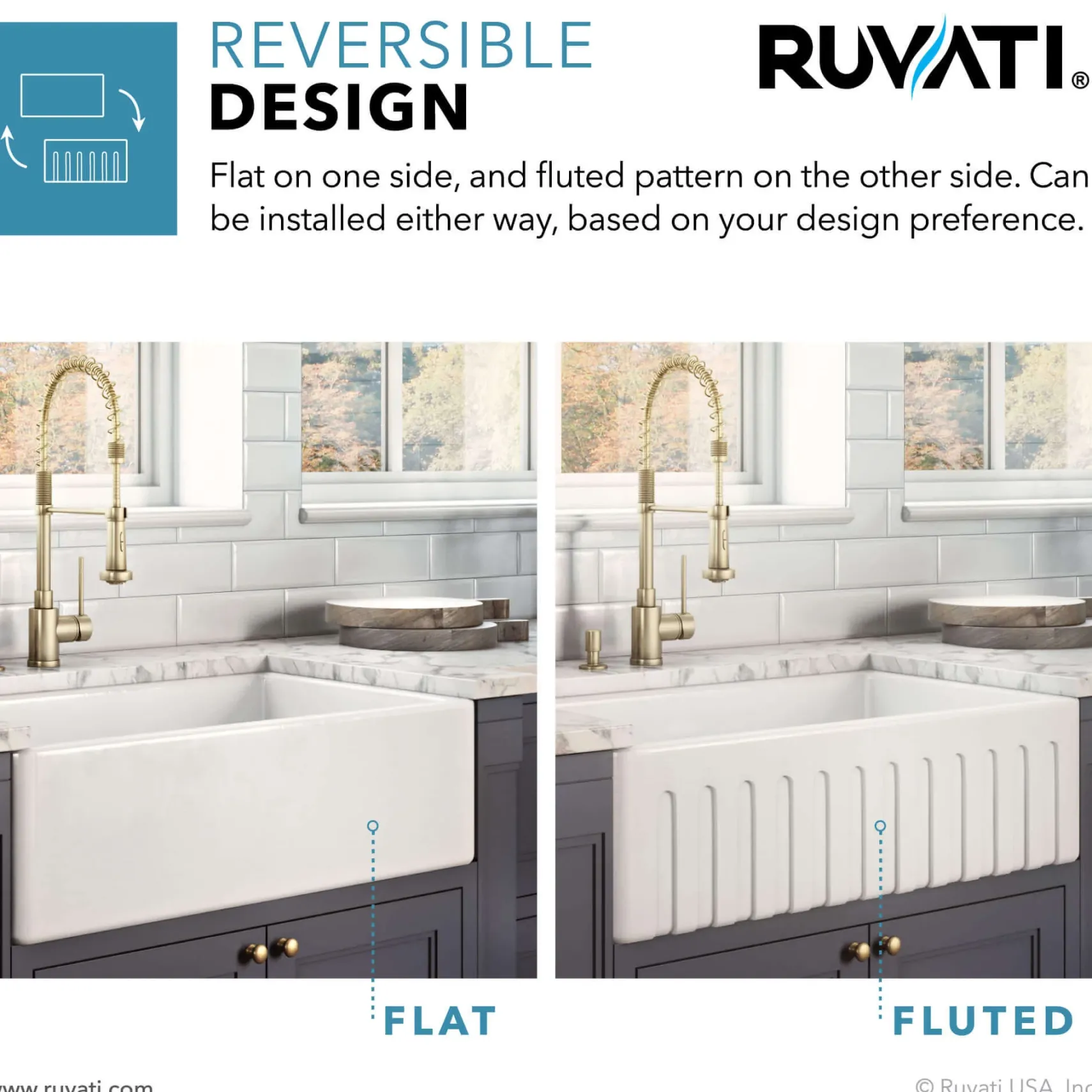 Ruvati Fiamma 33" Reversible Fireclay Apron-front Farmhouse Sink, Distressed White, RVL2300SW