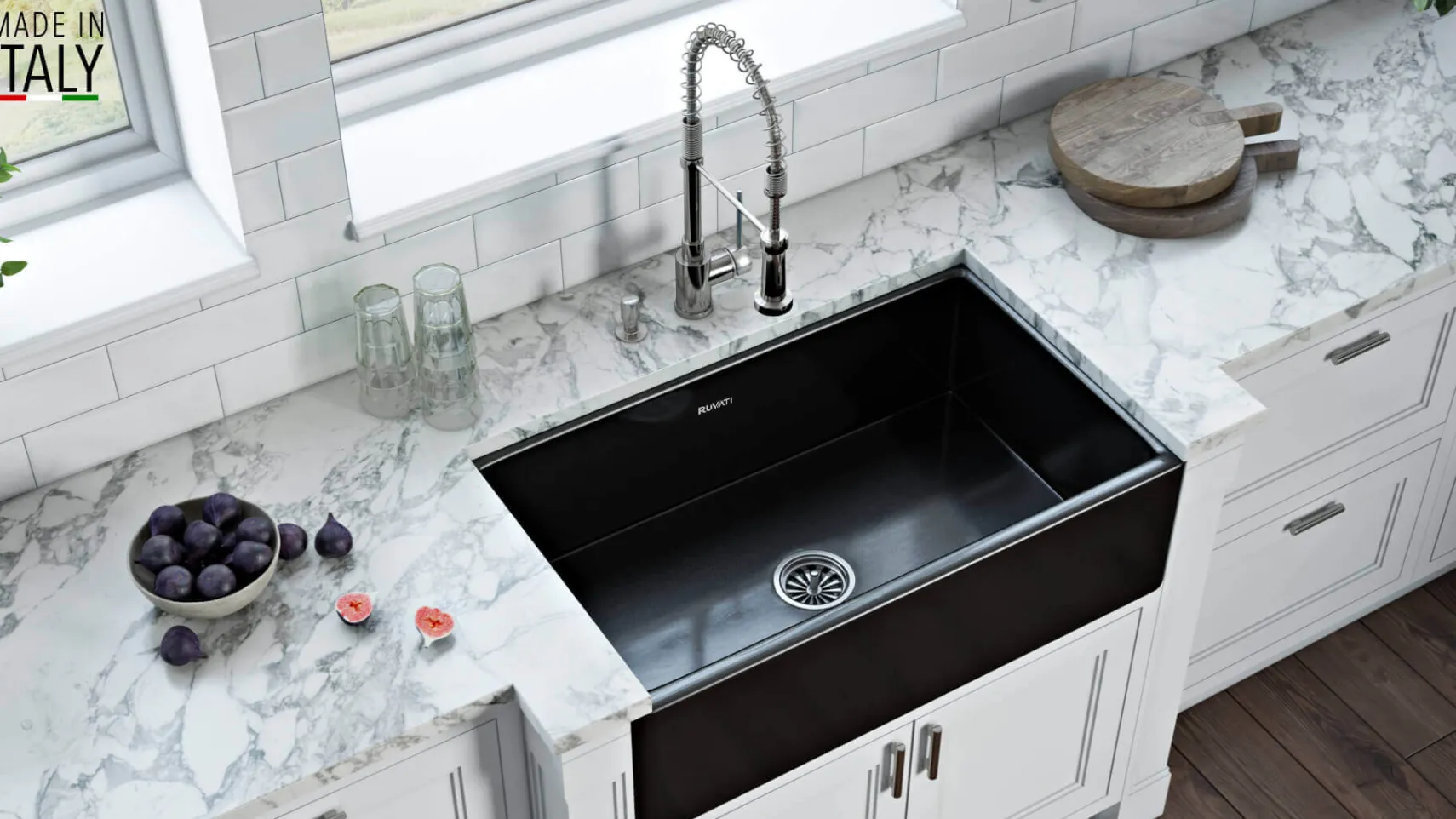 Ruvati Fiamma 33" Reversible Fireclay Apron-front Farmhouse Sink, Glossy Black, RVL2300BK