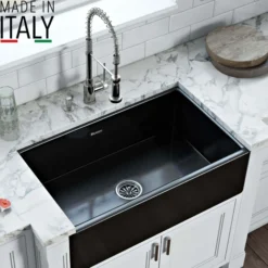 Ruvati Fiamma 30" Reversible Fireclay Apron-front Farmhouse Sink, Glossy Black, RVL2100BK