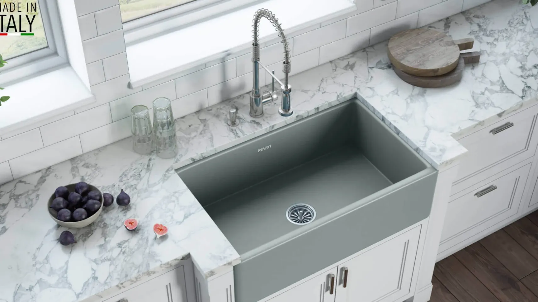 Ruvati Fiamma 30" Reversible Fireclay Apron-front Farmhouse Sink, Horizon Gray, RVL2100GR