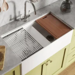 Ruvati Fiore 33" Fireclay Workstation Farmhouse Sink, 60/40 Double Bowl, White, RVL2382WH