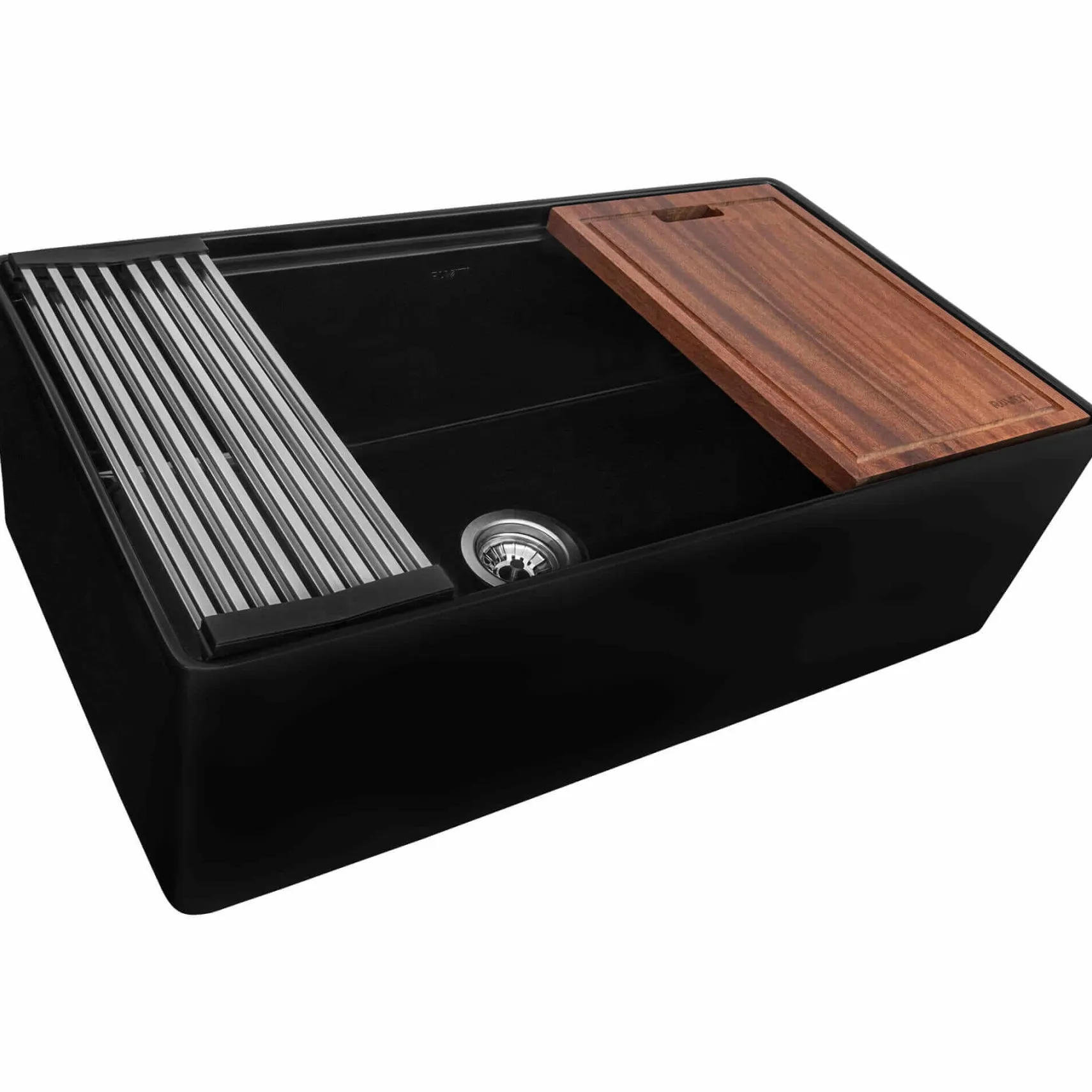 Ruvati Fiore 33 inch Fireclay Workstation Black Farmhouse Kitchen Sink Apron Front Single Bowl, Glossy Black, RVL2387BK