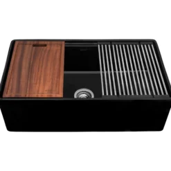 Ruvati Fiore 33 inch Fireclay Workstation Black Farmhouse Kitchen Sink Apron Front Single Bowl, Glossy Black, RVL2387BK