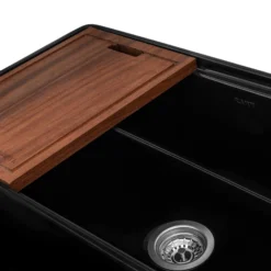 Ruvati Fiore 33 inch Fireclay Workstation Black Farmhouse Kitchen Sink Apron Front Single Bowl, Glossy Black, RVL2387BK