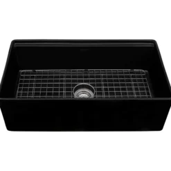 Ruvati Fiore 33 inch Fireclay Workstation Black Farmhouse Kitchen Sink Apron Front Single Bowl, Glossy Black, RVL2387BK