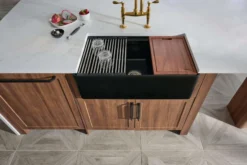 Ruvati Fiore 33 inch Fireclay Workstation Black Farmhouse Kitchen Sink Apron Front Single Bowl, Glossy Black, RVL2387BK