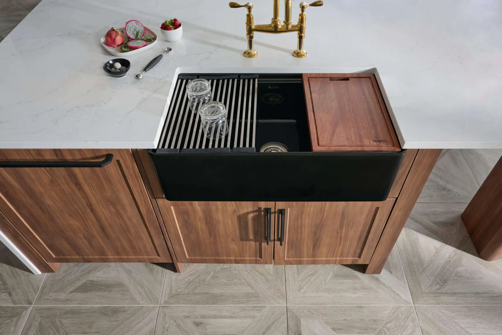 Ruvati Fiore 33 inch Fireclay Workstation Black Farmhouse Kitchen Sink Apron Front Single Bowl, Glossy Black, RVL2387BK