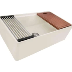 Ruvati Fiore 33 inch Fireclay Workstation Farmhouse Kitchen Sink Apron Front Single Bowl Biscuit Sand, RVL2387BS