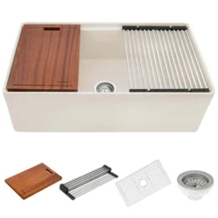Ruvati Fiore 33 inch Fireclay Workstation Farmhouse Kitchen Sink Apron Front Single Bowl Biscuit Sand, RVL2387BS