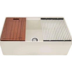 Ruvati Fiore 33 inch Fireclay Workstation Farmhouse Kitchen Sink Apron Front Single Bowl Biscuit Sand, RVL2387BS