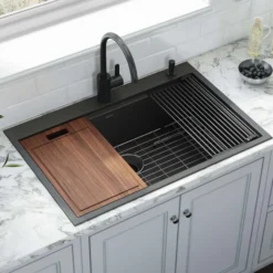Ruvati Giana 33" Drop-in Topmount Stainless Steel Workstation Kitchen Sink, Gunmetal Matte Black, 16 Gauge, RVH5003BL