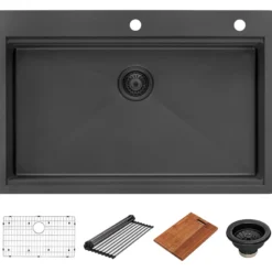 Ruvati Giana 33" Drop-in Topmount Stainless Steel Workstation Kitchen Sink, Gunmetal Matte Black, 16 Gauge, RVH5003BL