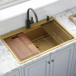 Ruvati Giana 33" Drop-in Topmount Stainless Steel Workstation Kitchen Sink, Matte Gold Brass Tone, 16 Gauge, RVH5003GG