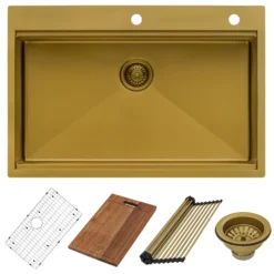 Ruvati Giana 33" Drop-in Topmount Stainless Steel Workstation Kitchen Sink, Matte Gold Brass Tone, 16 Gauge, RVH5003GG