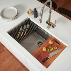 Ruvati Giana 30-inch Gunmetal Black Stainless Steel Workstation Undermount Kitchen Sink Single Bowl, 16, RVH6530BL