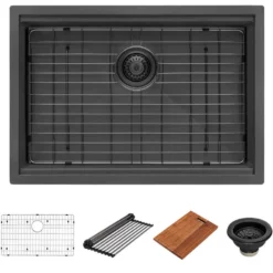 Ruvati Giana 30-inch Gunmetal Black Stainless Steel Workstation Undermount Kitchen Sink Single Bowl, 16, RVH6530BL