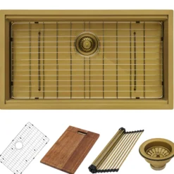 Ruvati Giana 30-inch Polished Brass Matte Gold Workstation Undermount Kitchen Sink Single Bowl, Stainless Steel, 16, Matte Gold Satin Brass, RVH6530GG