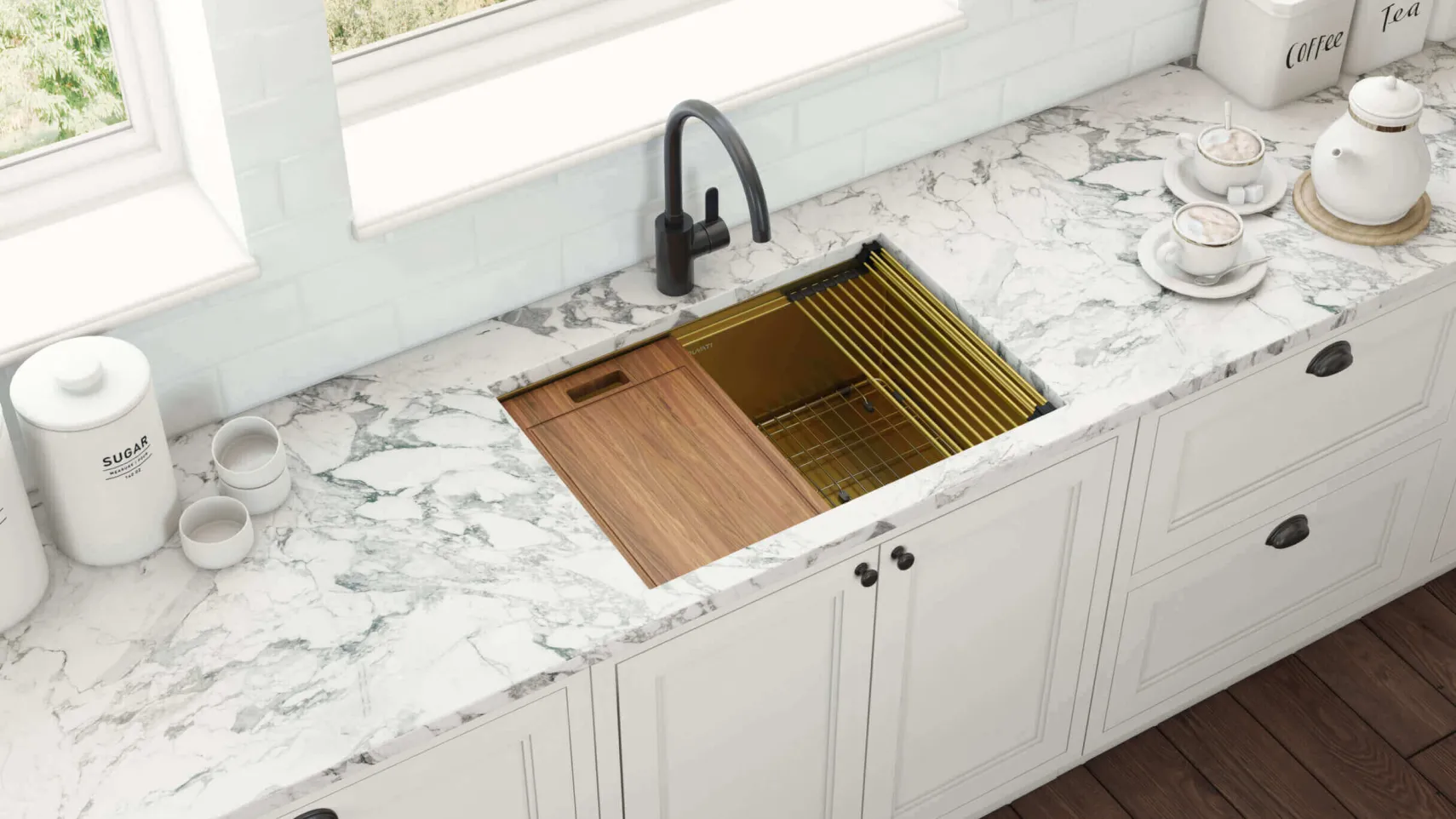 Ruvati Giana 30-inch Polished Brass Matte Gold Workstation Undermount Kitchen Sink Single Bowl, Stainless Steel, 16, Matte Gold Satin Brass, RVH6530GG