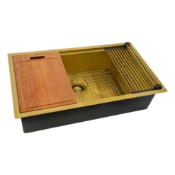 Ruvati Giana 30-inch Polished Brass Matte Gold Workstation Undermount Kitchen Sink Single Bowl, Stainless Steel, 16, Matte Gold Satin Brass, RVH6530GG