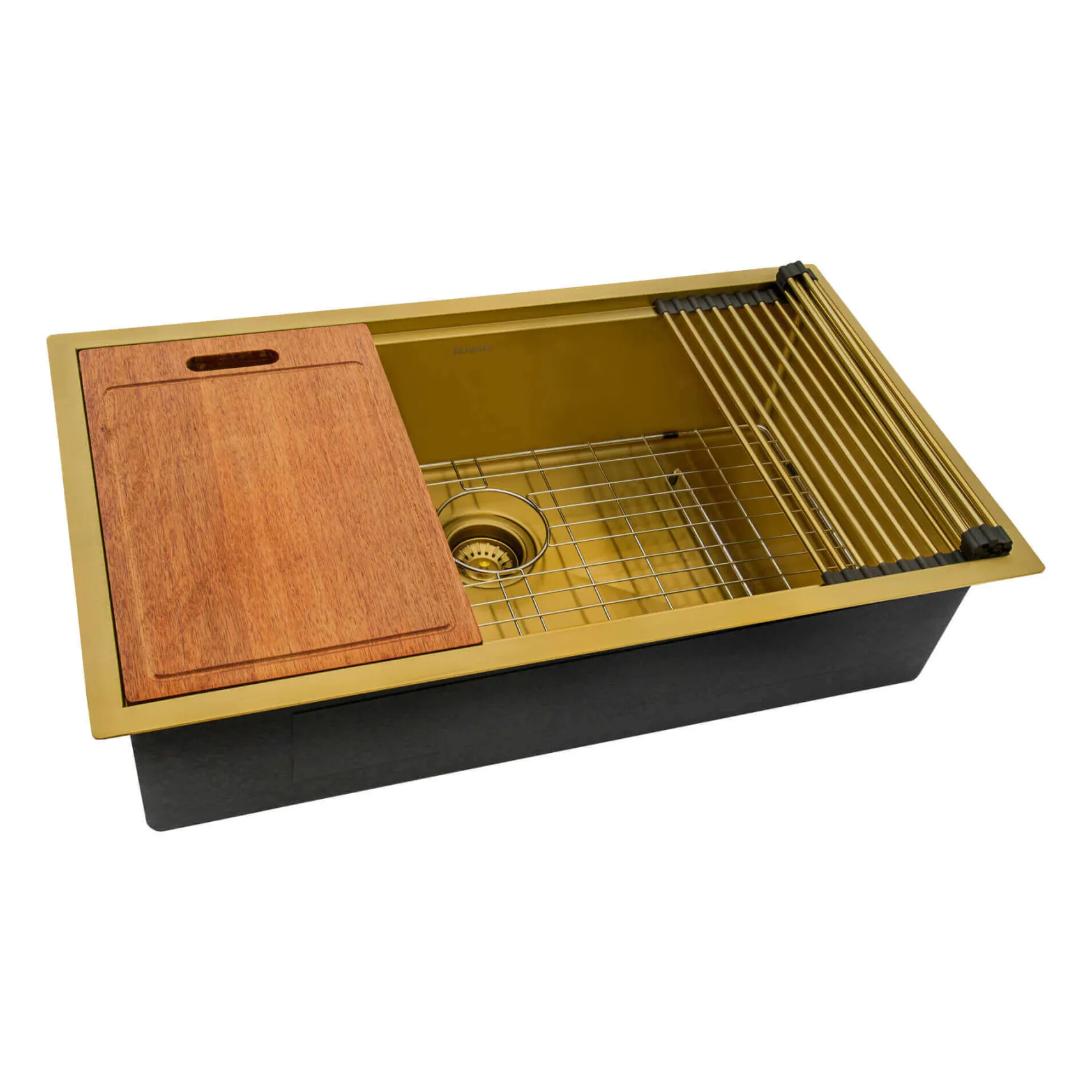 Ruvati Giana 30-inch Polished Brass Matte Gold Workstation Undermount Kitchen Sink Single Bowl, Stainless Steel, 16, Matte Gold Satin Brass, RVH6530GG