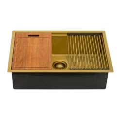 Ruvati Giana 30-inch Polished Brass Matte Gold Workstation Undermount Kitchen Sink Single Bowl, Stainless Steel, 16, Matte Gold Satin Brass, RVH6530GG