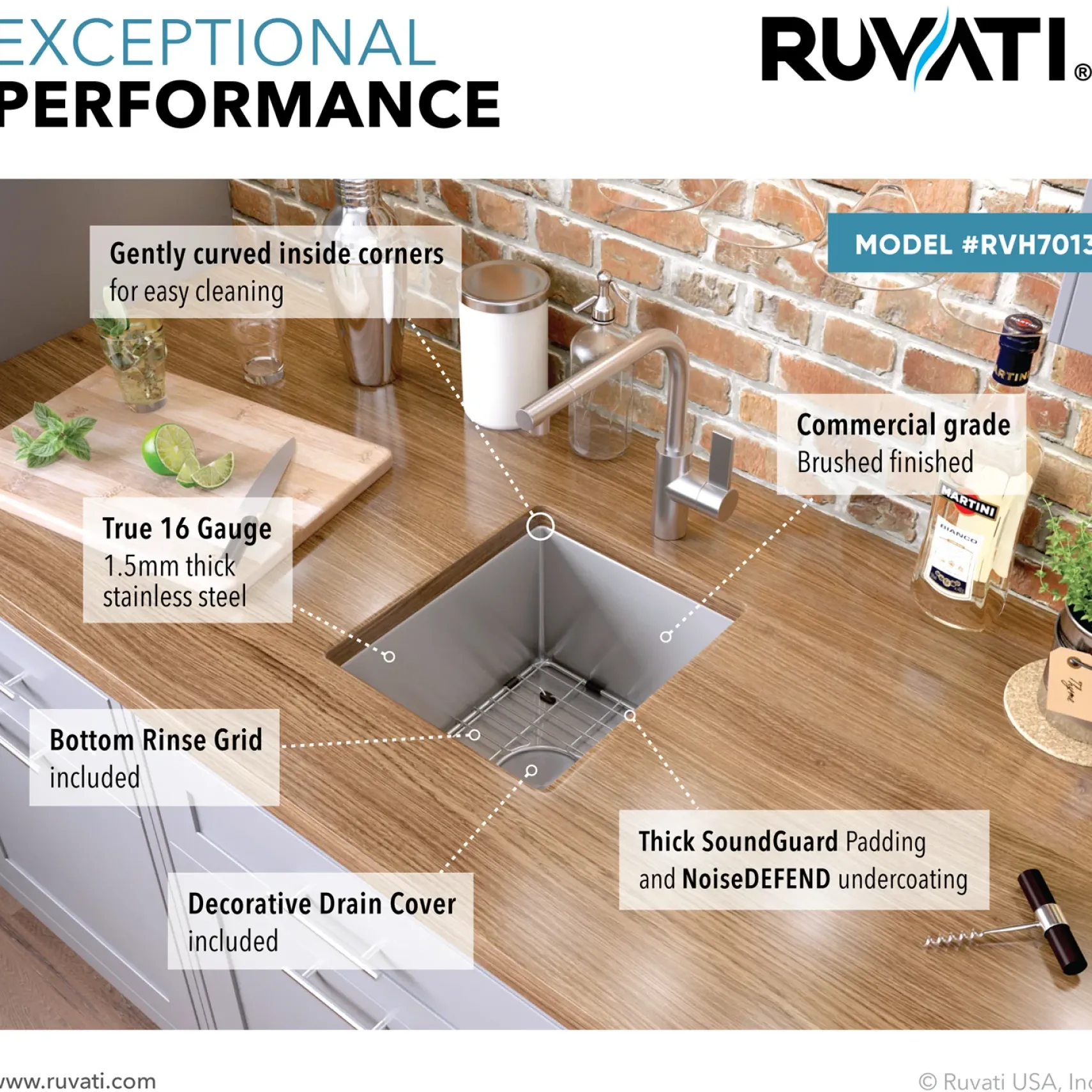 Ruvati Gravena 13" Undermount Rectangle Stainless Steel Bar/Prep Sink, 16 Gauge, Round Corners, RVH7013
