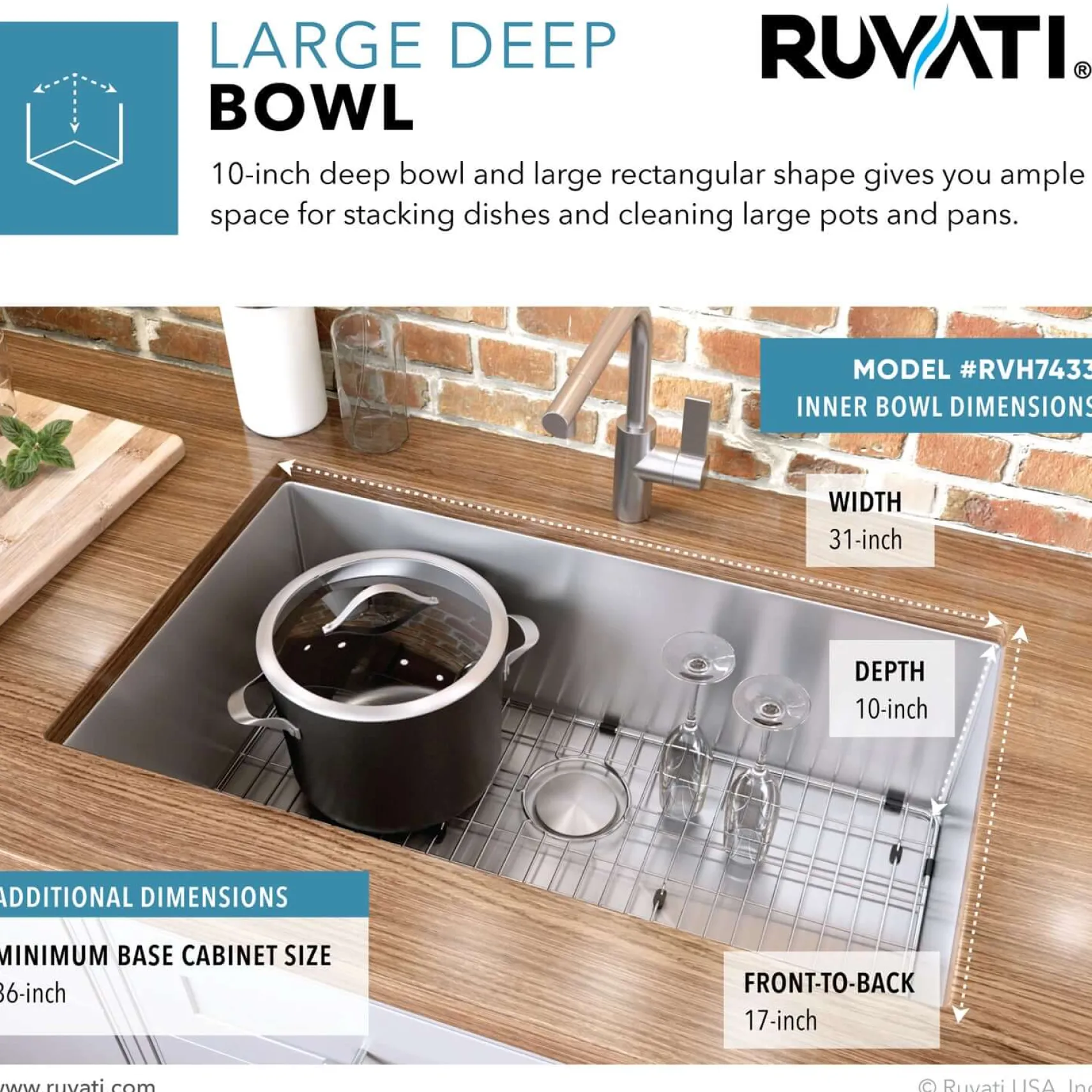 Ruvati Gravena 33" Undermount Stainless Steel Kitchen Sink, 16 Gauge, Rounded Corners, RVH7433