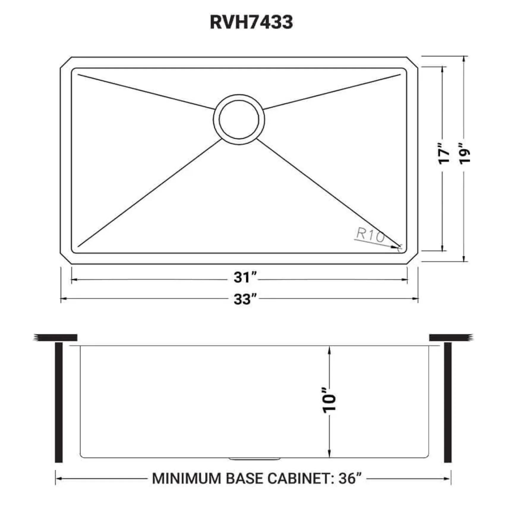 Ruvati Gravena 33" Undermount Stainless Steel Kitchen Sink, 16 Gauge, Rounded Corners, RVH7433