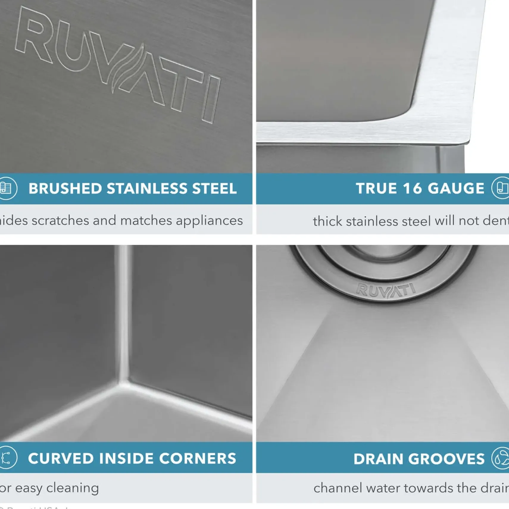 Ruvati Gravena 32" Undermount Stainless Steel Kitchen Sink, 16 Gauge, Rounded Corners, RVH7400
