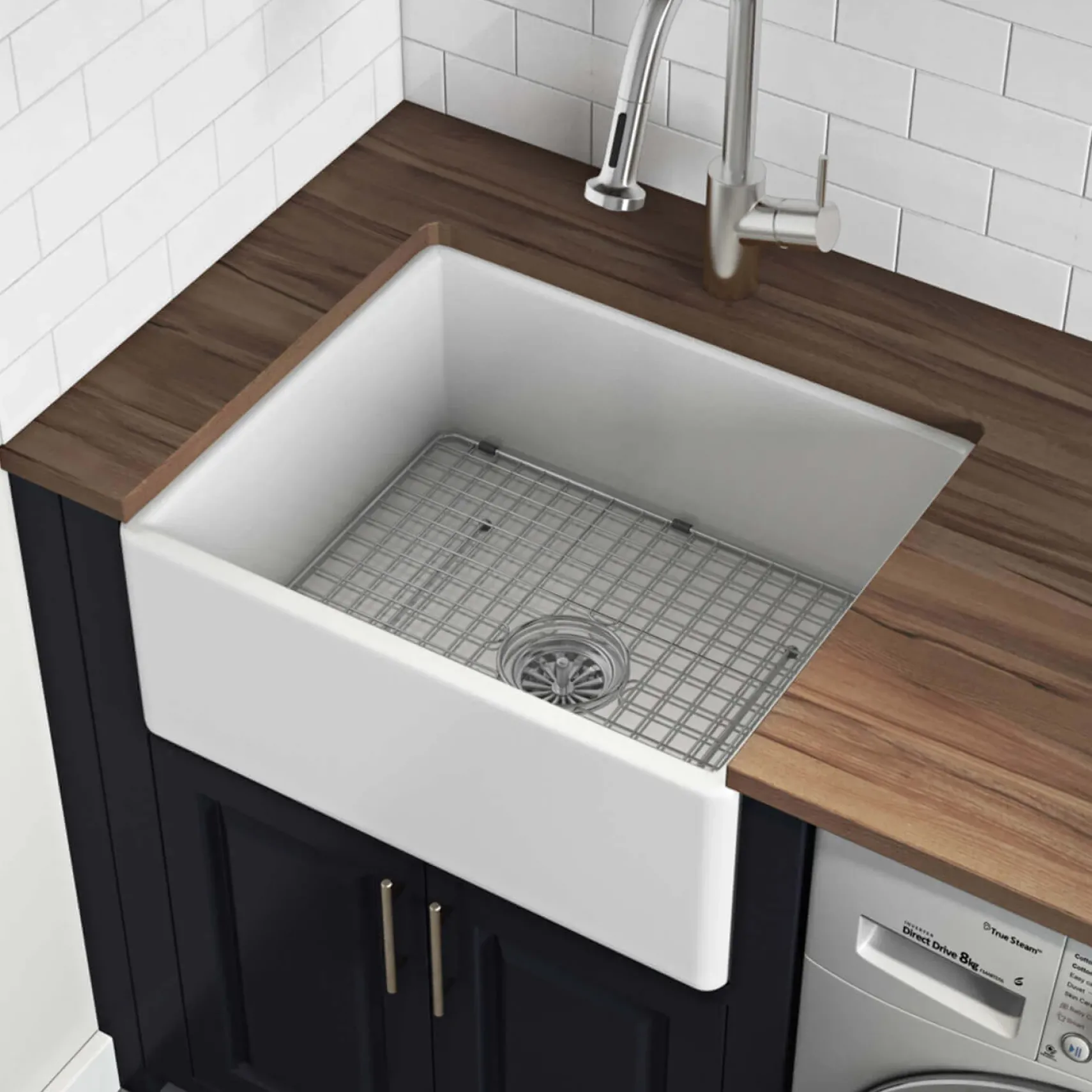 Ruvati 23-inch Fireclay Farmhouse Kitchen Laundry Utility Sink Single Bowl - White, RVL2468WH