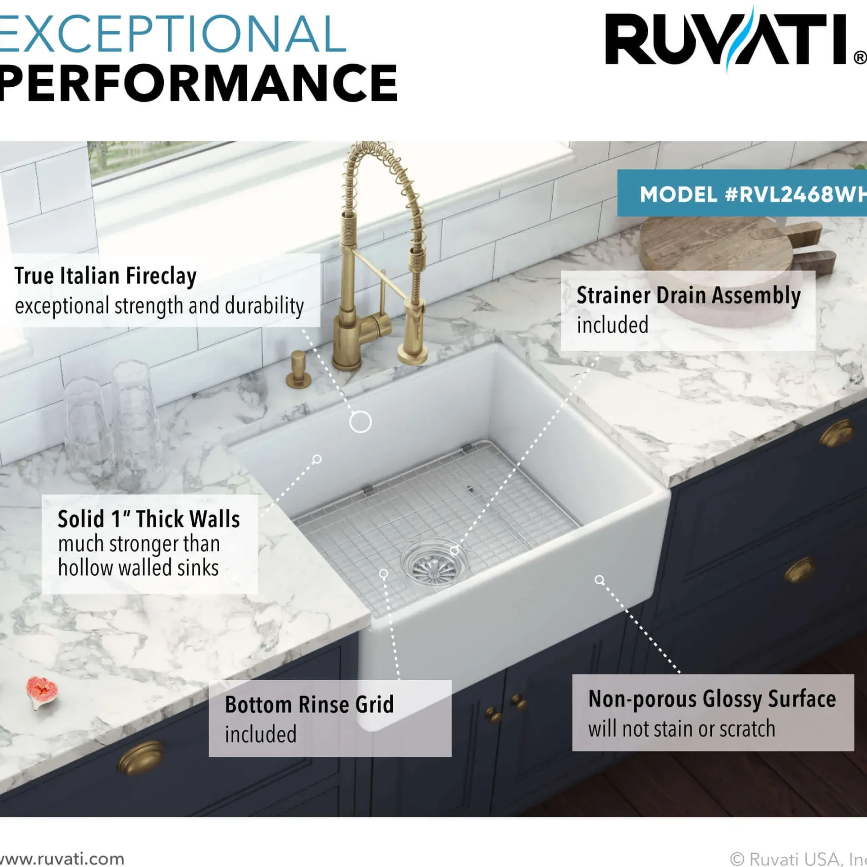 Ruvati 23-inch Fireclay Farmhouse Kitchen Laundry Utility Sink Single Bowl - White, RVL2468WH